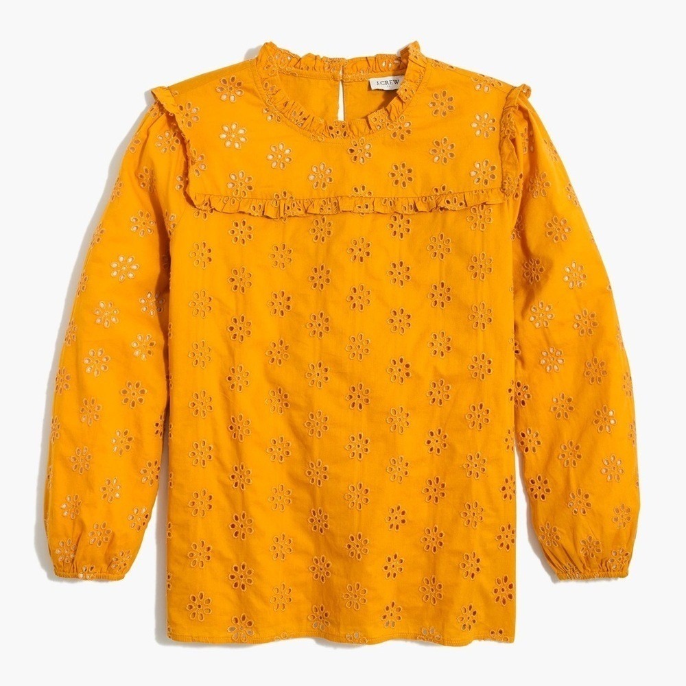J.Crew Eyelet Ruffle‎ Blouse Womens Size XS Yellow Long Sleeve Floral Cotton Top